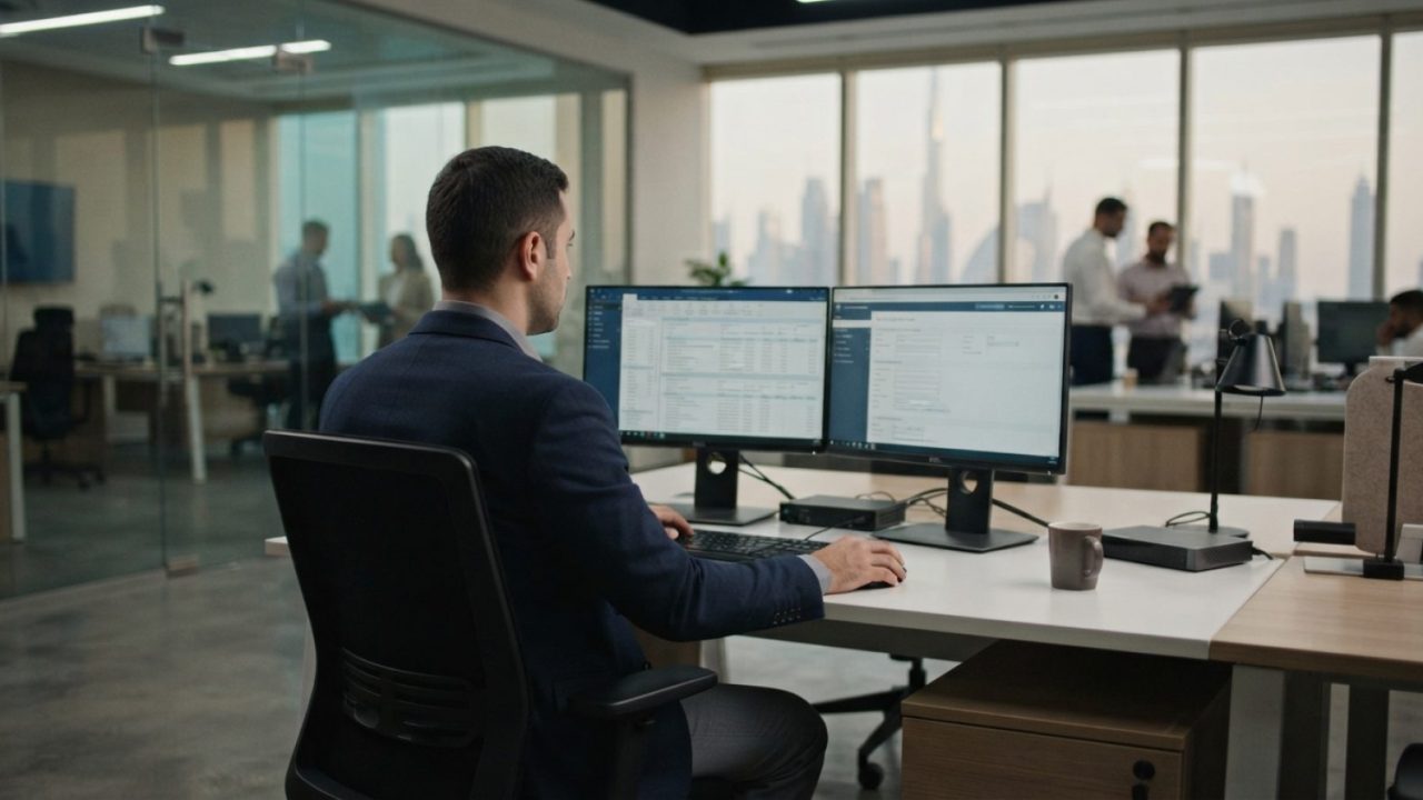 Illustration: A modern corporate office in Dubai featuring an accountant working on digital financial records and tax compliance software on dual moni