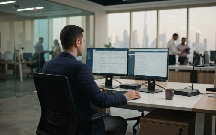 Illustration: A modern corporate office in Dubai featuring an accountant working on digital financial records and tax compliance software on dual moni