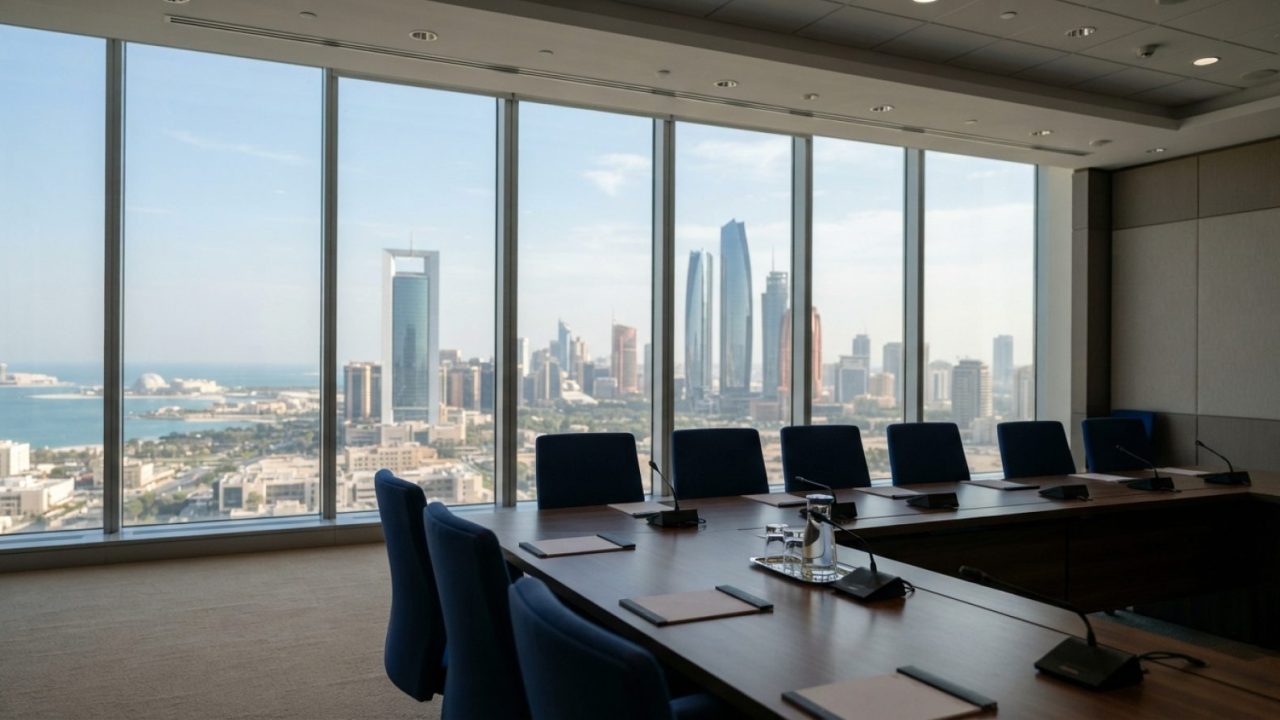 Illustration: An empty modern corporate conference room in Abu Dhabi with floor-to-ceiling windows showing distant city towers, a clean wooden meeting