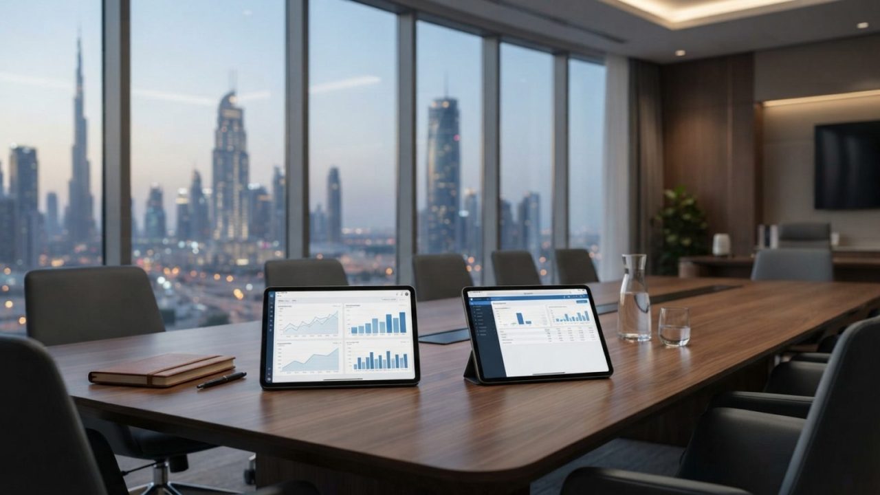 Illustration: A modern corporate office in Dubai with digital tablet screens displaying data graphs and accounting software interfaces on a wooden mee
