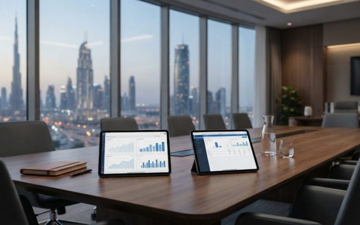 Illustration: A modern corporate office in Dubai with digital tablet screens displaying data graphs and accounting software interfaces on a wooden mee