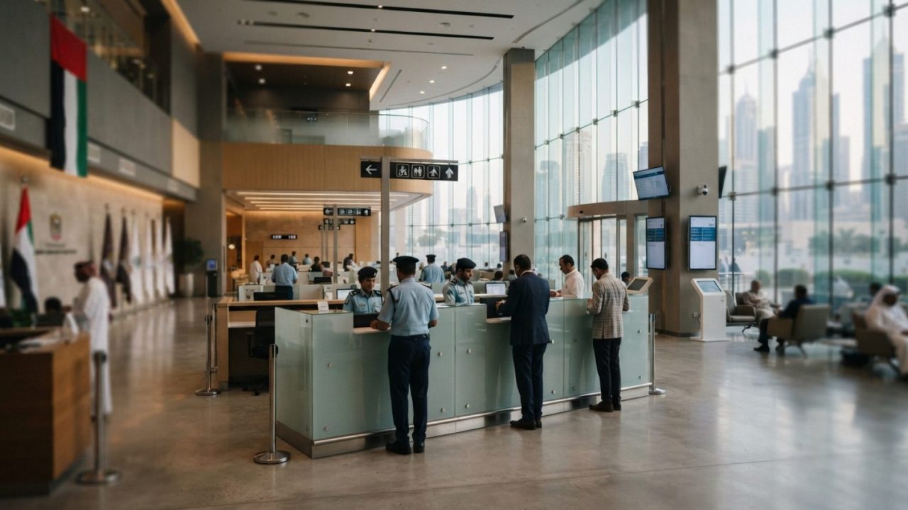 Illustration: A modern architectural government immigration customer service hall in Dubai with soft ambient lighting, clean glass counters, digital i