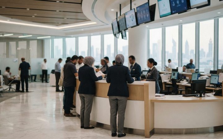 Illustration: A modern immigration and residency service customer counter in Dubai with service desks, document paperwork, digital display boards, and