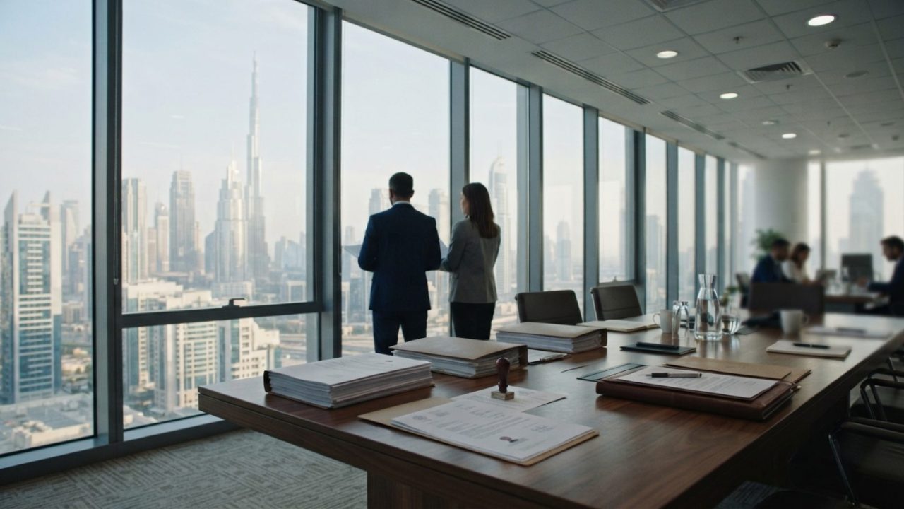 Illustration: A modern corporate office interior in Dubai with desks, legal documents, and official stamps on a wooden table, overlooking city high-ri