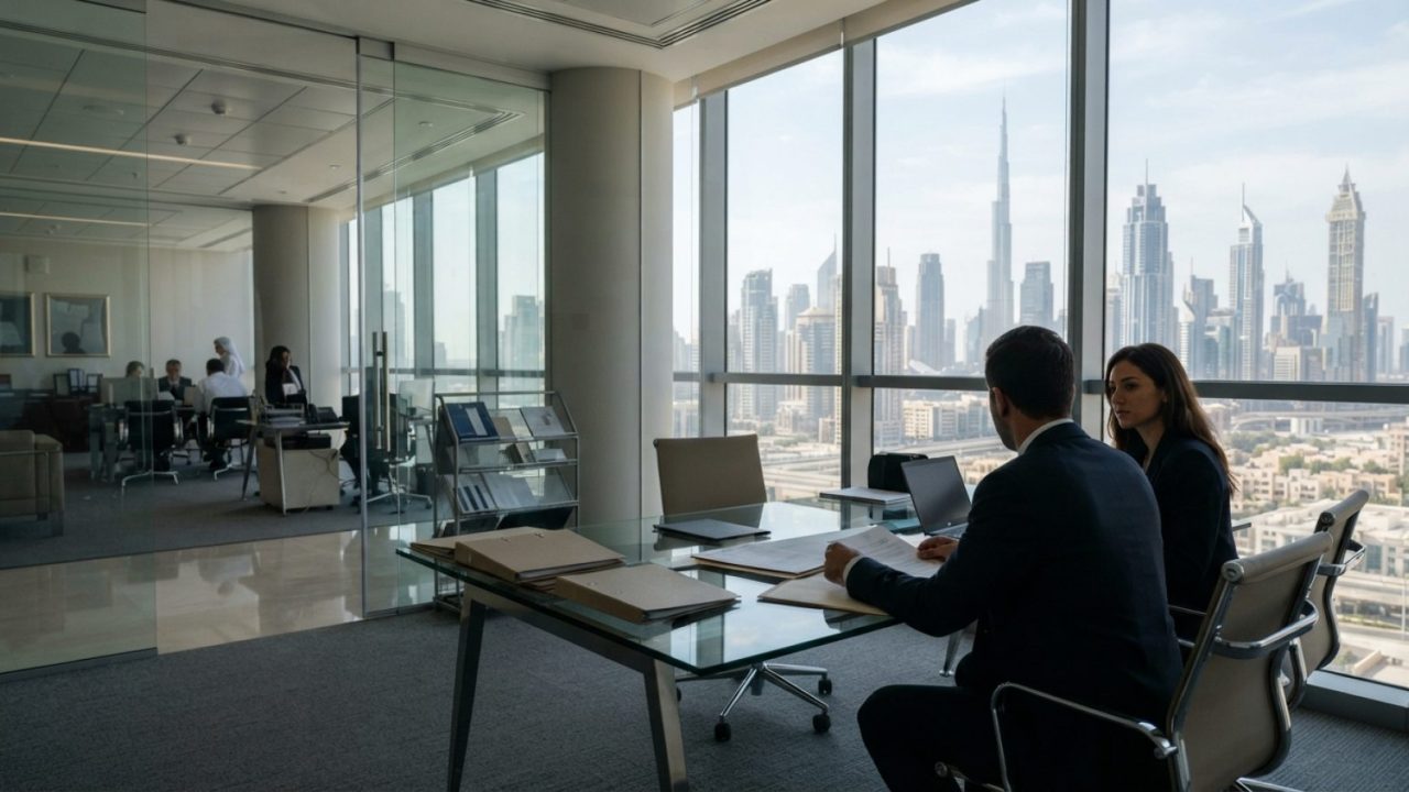Illustration: Modern office interior in Dubai International Financial Centre with glass desks, document folders, and a large window view of the Dubai