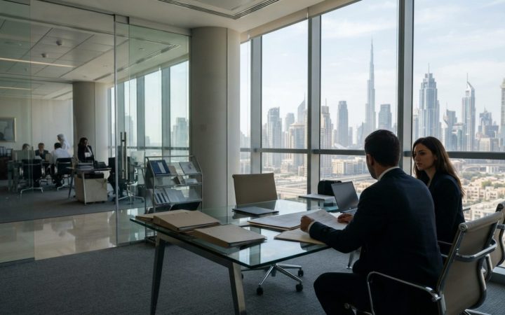 插图：迪拜国际金融中心现代化办公室内景，配有玻璃办公桌、文件夹，透过大窗可眺望迪拜风貌