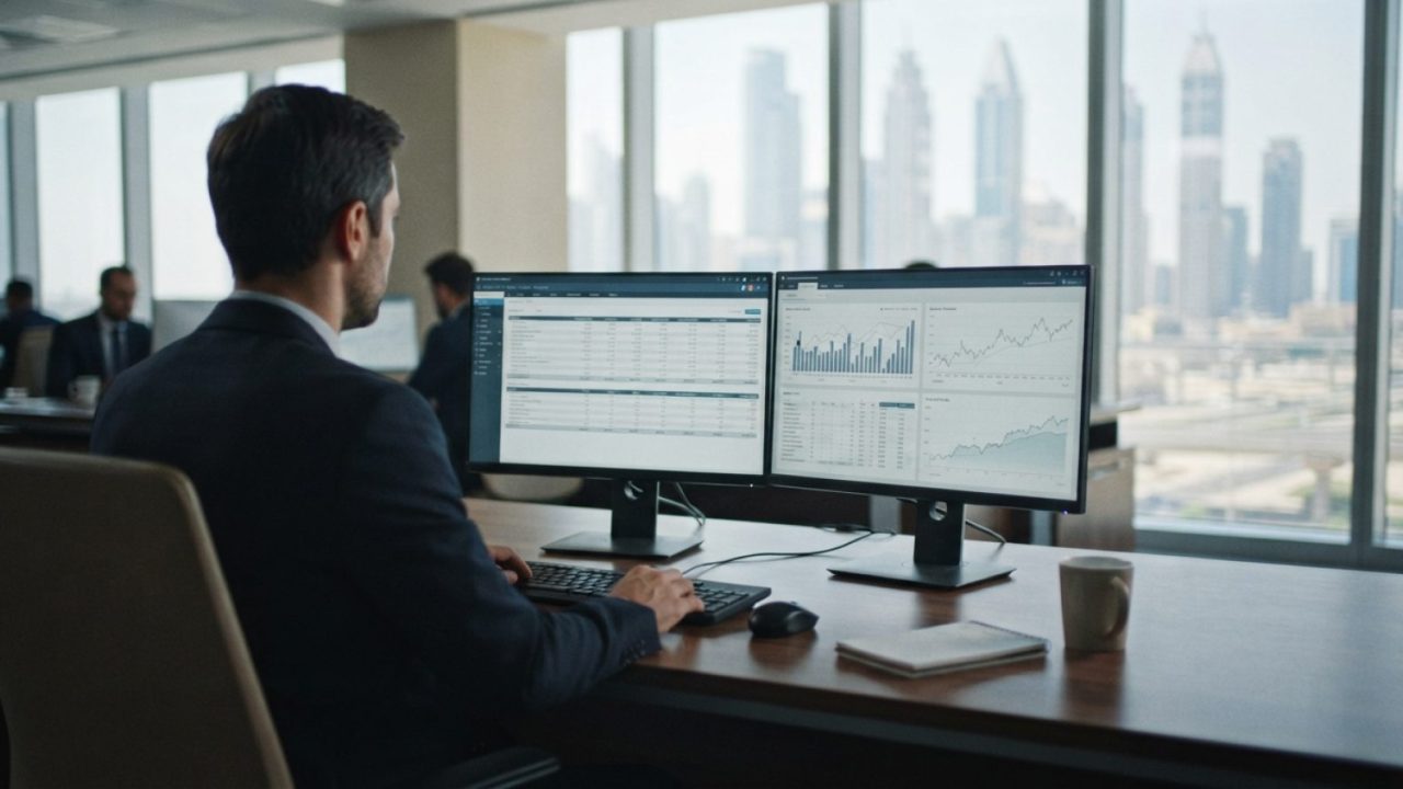 Illustration: A modern corporate office desk in a Dubai business tower with financial management software and balance sheets displayed on dual compute