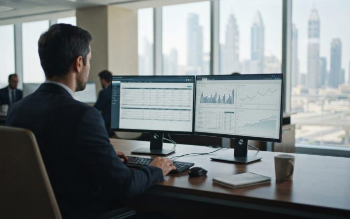 Illustration: A modern corporate office desk in a Dubai business tower with financial management software and balance sheets displayed on dual compute