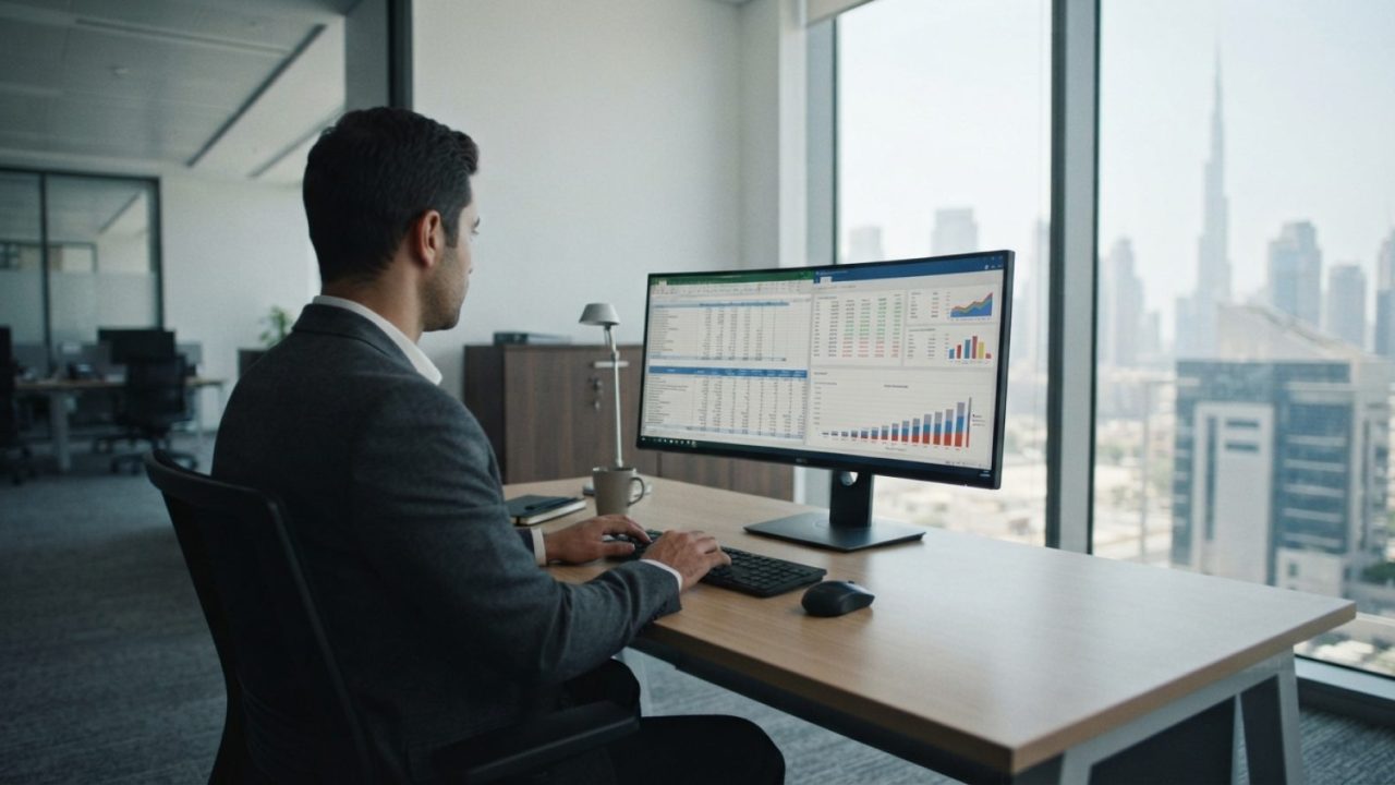 Illustration: A modern corporate office desk in Dubai with financial spreadsheets and digital accounting software visible on a computer monitor, illum