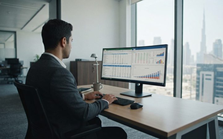 Illustration: A modern corporate office desk in Dubai with financial spreadsheets and digital accounting software visible on a computer monitor, illum