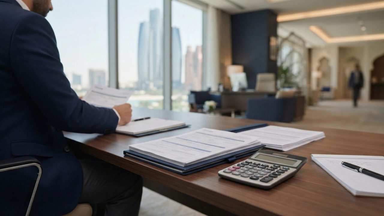 Illustration: A modern corporate human resources and financial advisory office in Abu Dhabi, showing official pension documentation and a calculator o