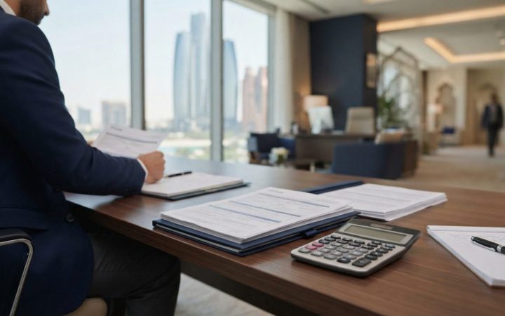 Illustration: A modern corporate human resources and financial advisory office in Abu Dhabi, showing official pension documentation and a calculator o