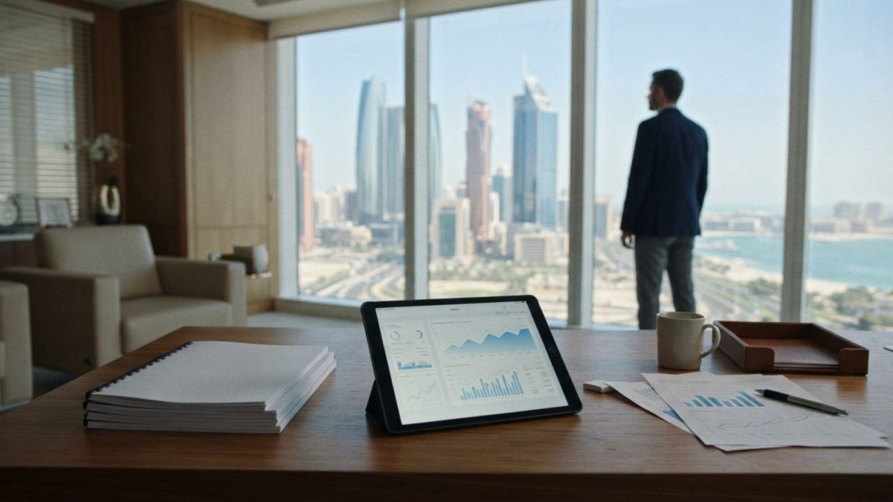 Illustration: A modern corporate office interior in Abu Dhabi showing financial documents and digital data charts on a tablet screen on a wooden desk,