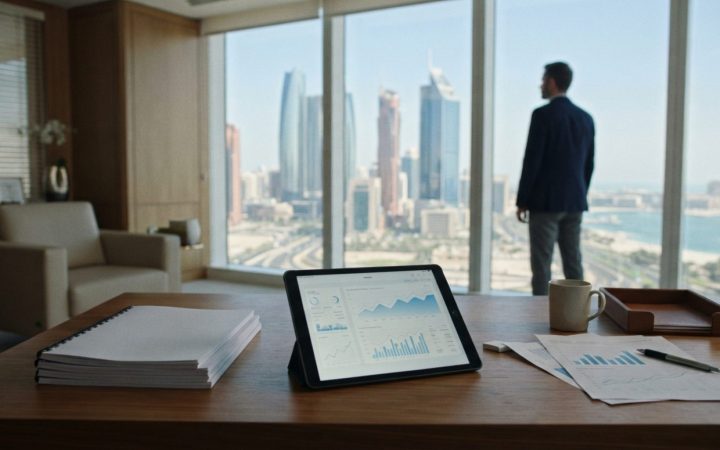 Illustration: A modern corporate office interior in Abu Dhabi showing financial documents and digital data charts on a tablet screen on a wooden desk,