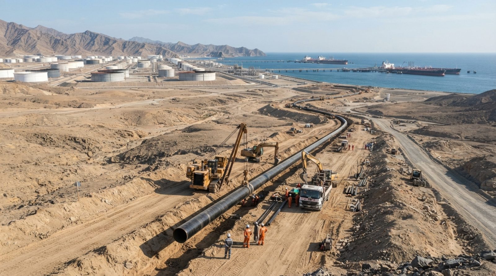 Illustration: A realistic editorial photograph of a large-diameter steel crude oil pipeline under construction across an arid desert landscape leading