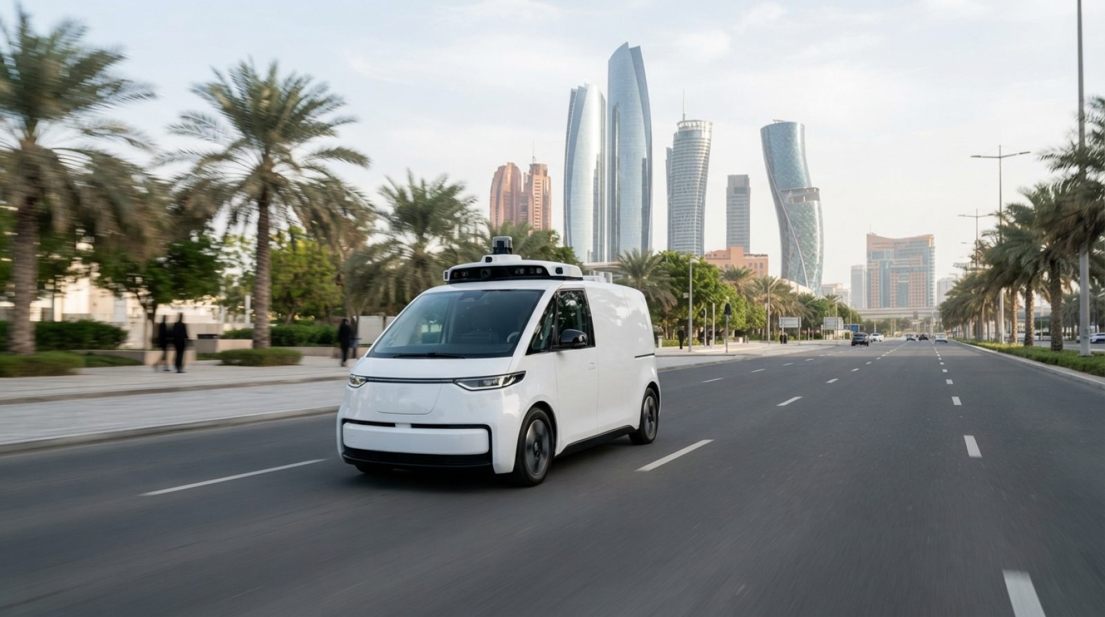 Illustration: A modern autonomous white electric passenger van equipped with roof-mounted LiDAR sensors driving down a clean, sunlit city boulevard in