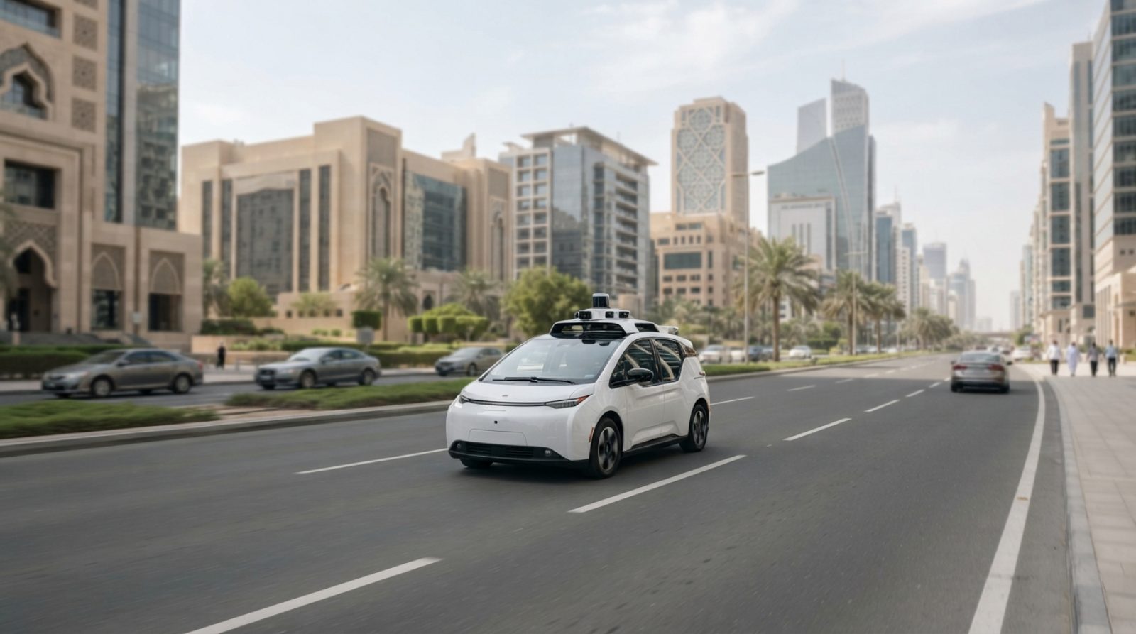 Illustration: A modern autonomous electric robotaxi driving smoothly along a wide multi-lane boulevard in a sleek modern Middle Eastern city at midday