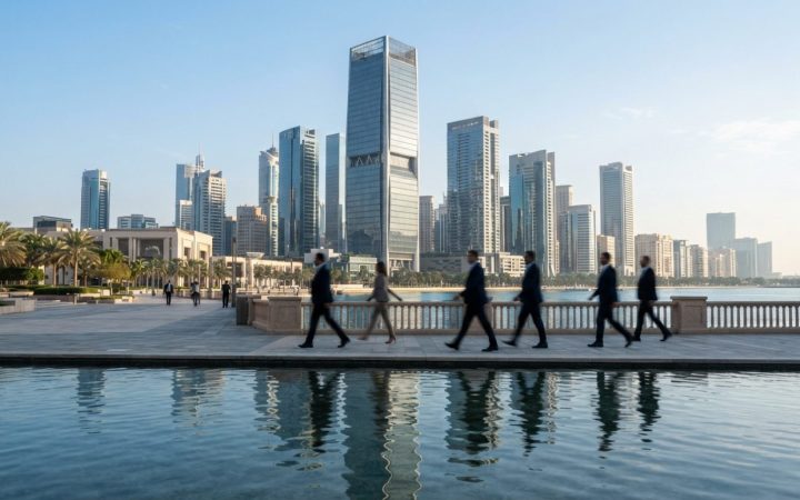 Illustration: Editorial photograph showing modern financial office towers in the United Arab Emirates reflected in calm water under morning sunlight,