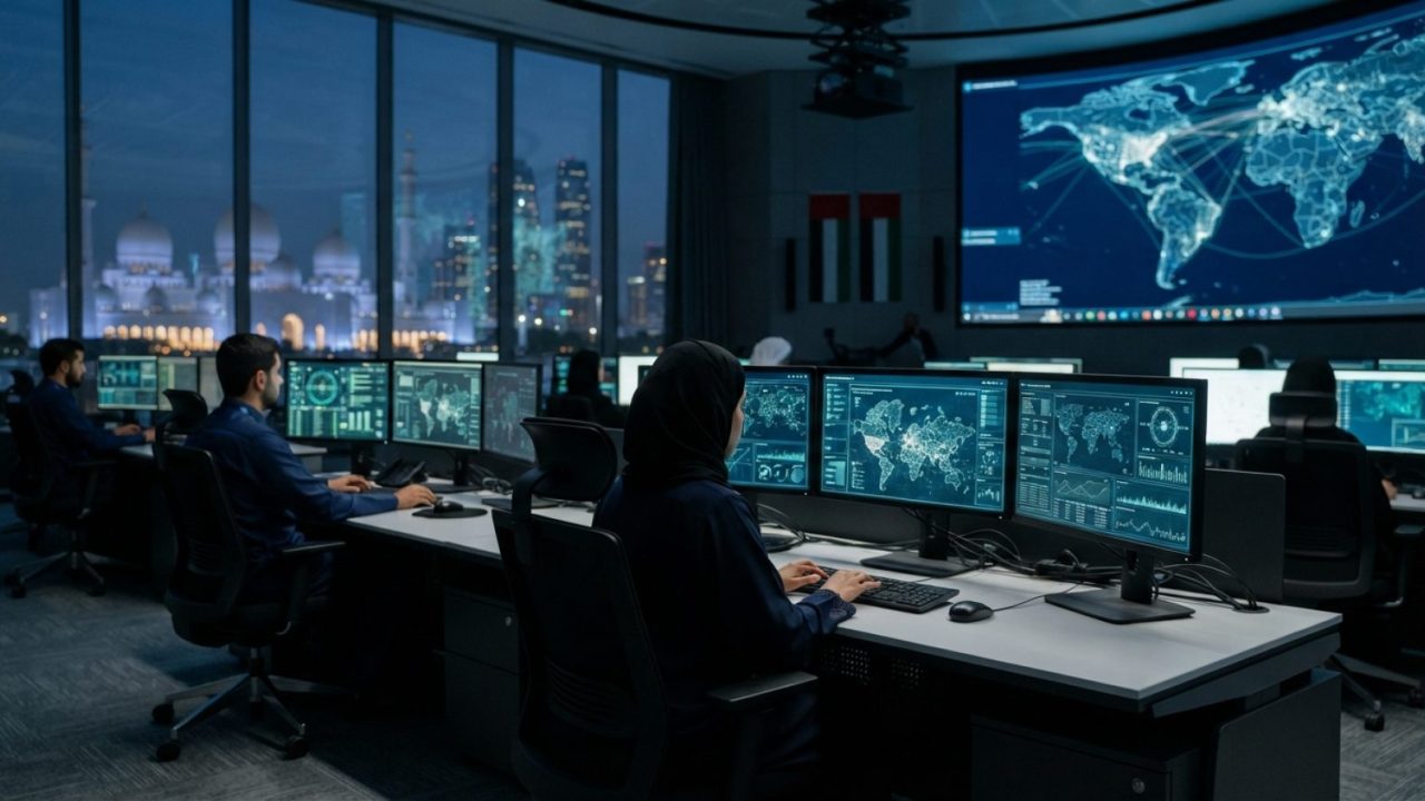 Illustration: A modern cyber defense operations room in the UAE with analysts working at glowing multi-screen workstations displaying abstract digital