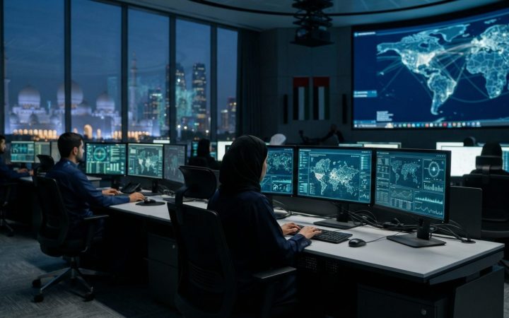 Illustration: A modern cyber defense operations room in the UAE with analysts working at glowing multi-screen workstations displaying abstract digital