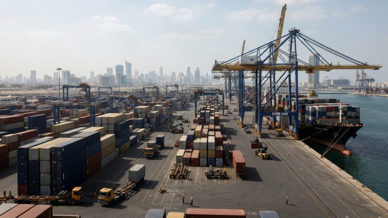 Illustration: A commercial container port terminal in the United Arab Emirates in bright daytime light, showing rows of stacked shipping containers, l