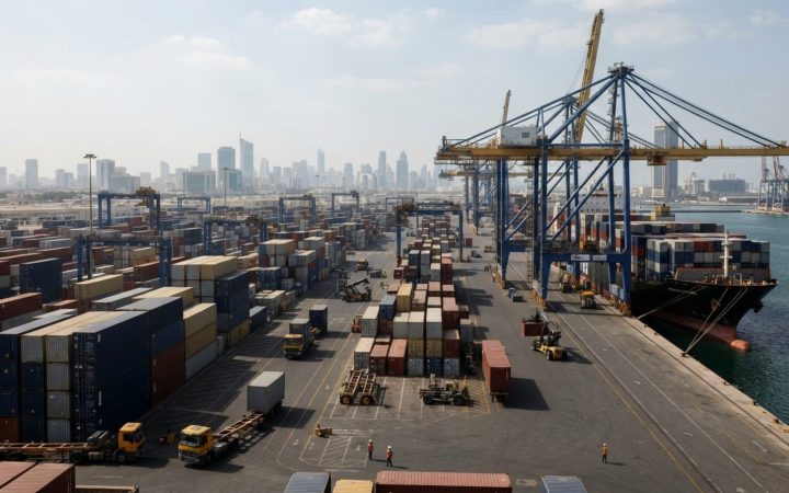 Illustration: A commercial container port terminal in the United Arab Emirates in bright daytime light, showing rows of stacked shipping containers, l