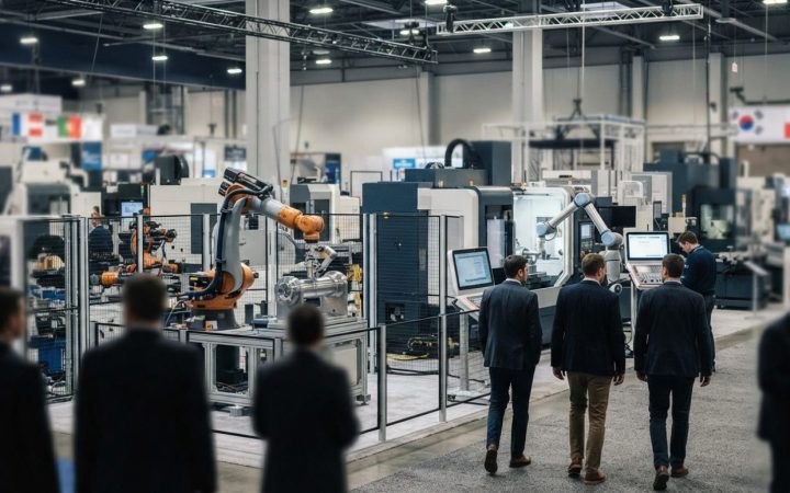 Illustration: An expansive modern industrial exhibition hall featuring automated robotic arms and advanced manufacturing machinery on display under br