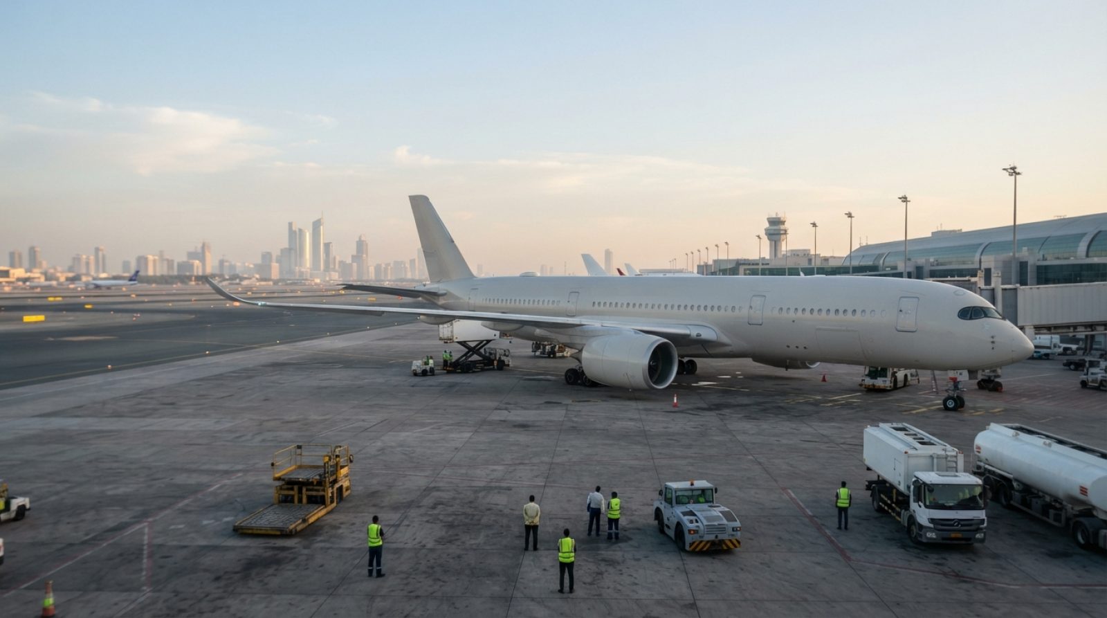 Illustration: A modern commercial jet airliner parked on a quiet airport tarmac at sunrise, with service vehicles nearby and runway lights visible in
