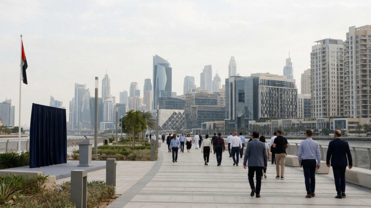 Illustration: A modern urban public promenade in Dubai with distant contemporary architecture and pedestrians walking under soft daylight, editorial p