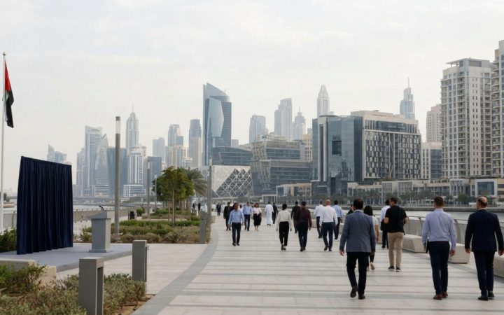 Illustration: A modern urban public promenade in Dubai with distant contemporary architecture and pedestrians walking under soft daylight, editorial p