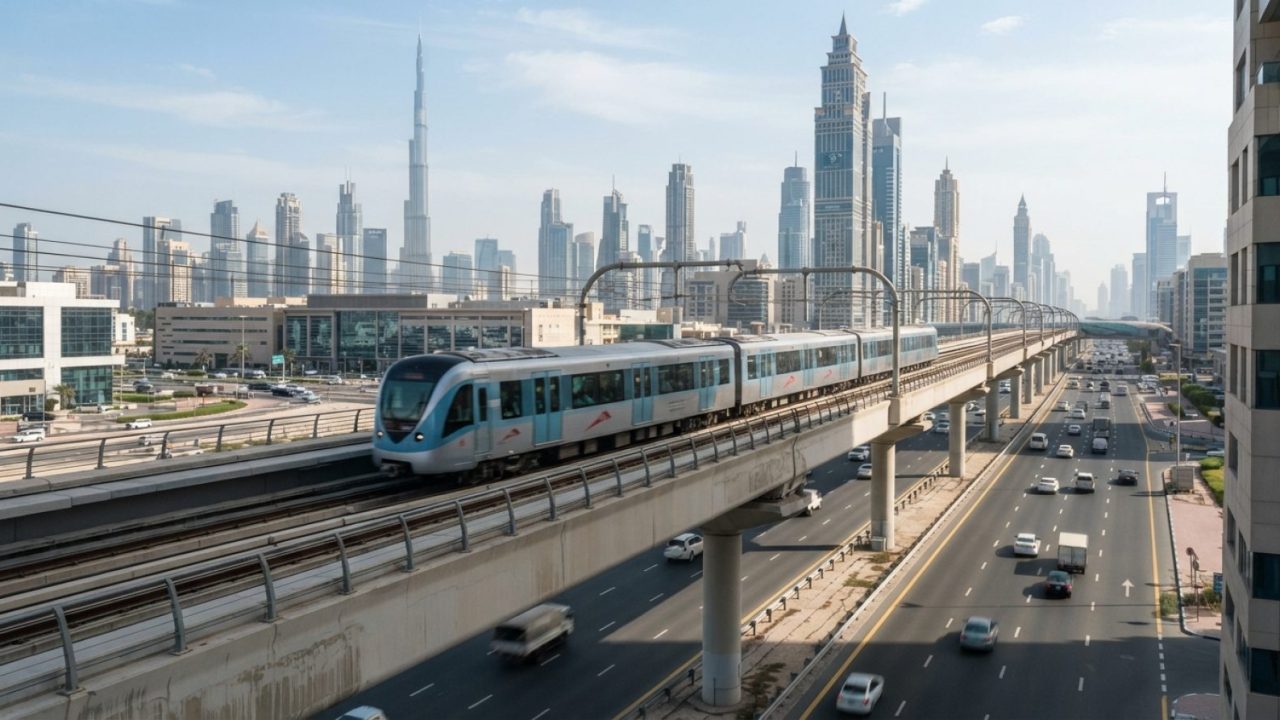 Illustration: A modern elevated passenger metro train moving along an urban viaduct in a sunlit Gulf metropolis, with wide multi-lane highways and con