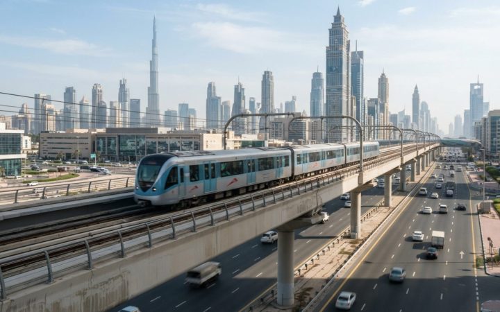 Illustration: A modern elevated passenger metro train moving along an urban viaduct in a sunlit Gulf metropolis, with wide multi-lane highways and con