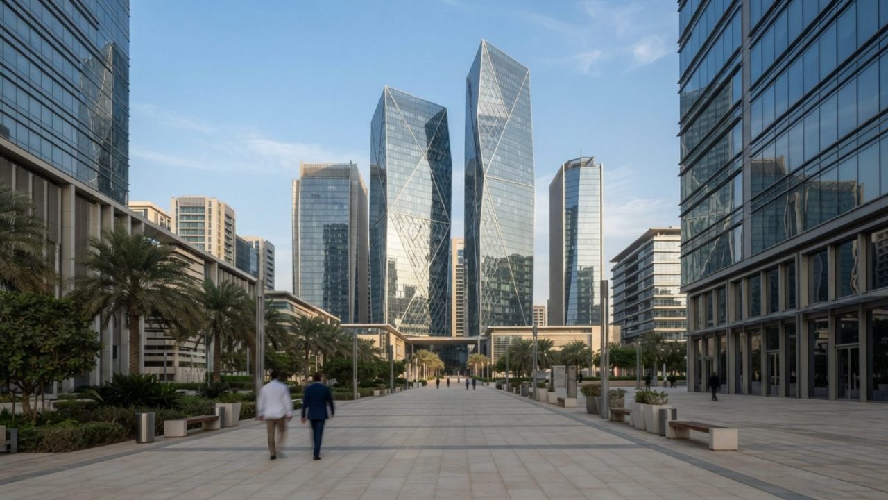Illustration: An eye-level architectural photograph of modern glass commercial towers and corporate office plazas in a UAE financial district on a cle