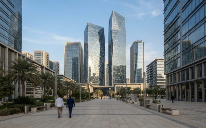 Illustration: An eye-level architectural photograph of modern glass commercial towers and corporate office plazas in a UAE financial district on a cle