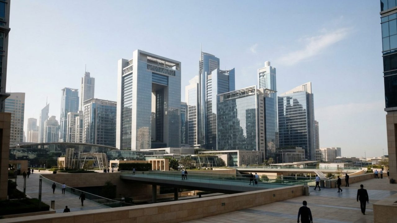 Illustration: Contemporary financial district skyscrapers of Dubai International Financial Centre with reflective glass facades and clean geometric ar