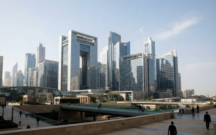 Illustration: Contemporary financial district skyscrapers of Dubai International Financial Centre with reflective glass facades and clean geometric ar
