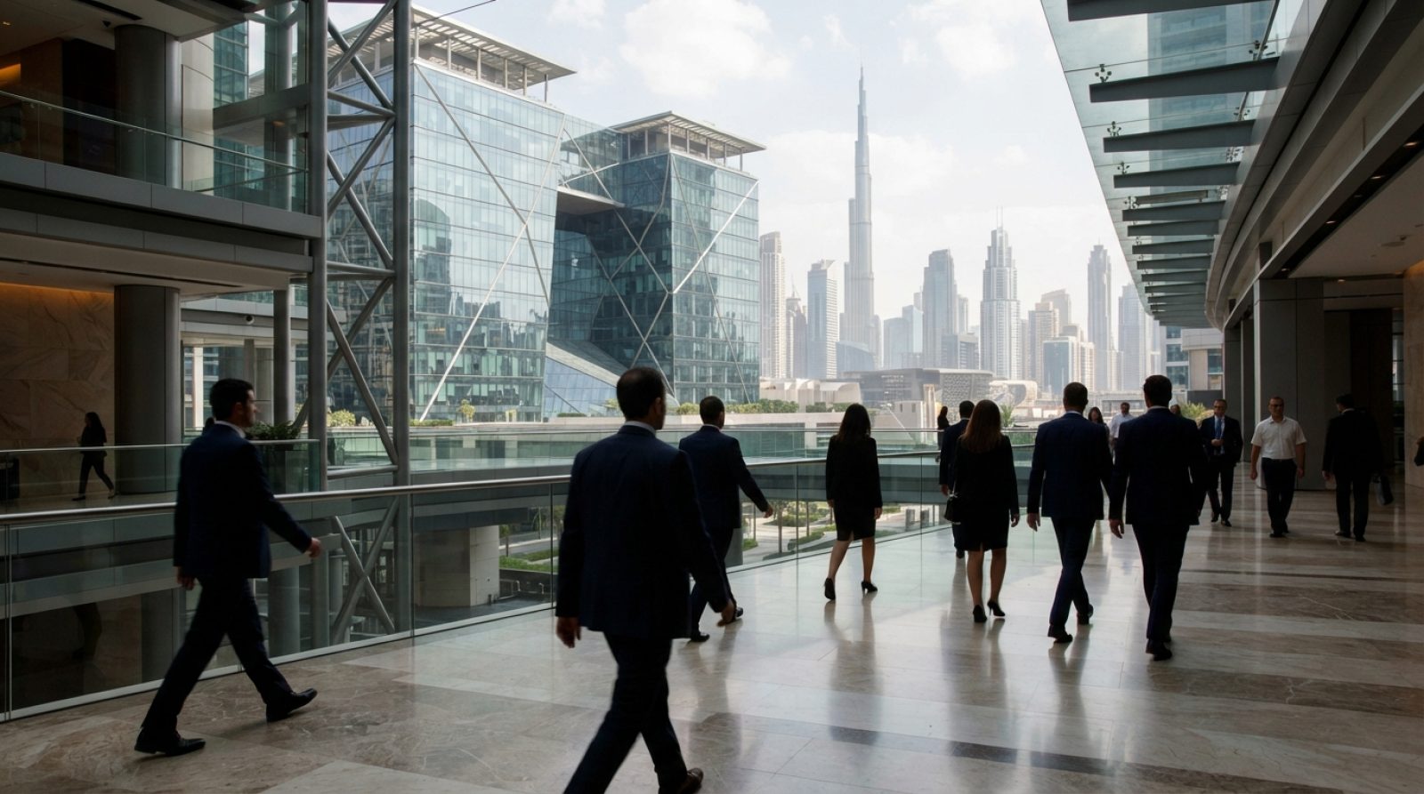Illustration: Editorial photograph of modern business professionals walking through the contemporary glass-and-steel architecture of Dubai Internation