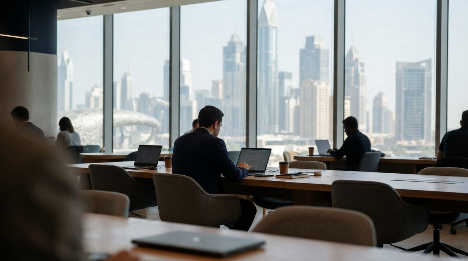 Illustration: A modern coworking office interior in Dubai with floor-to-ceiling glass windows showing city skyscrapers, featuring professionals workin