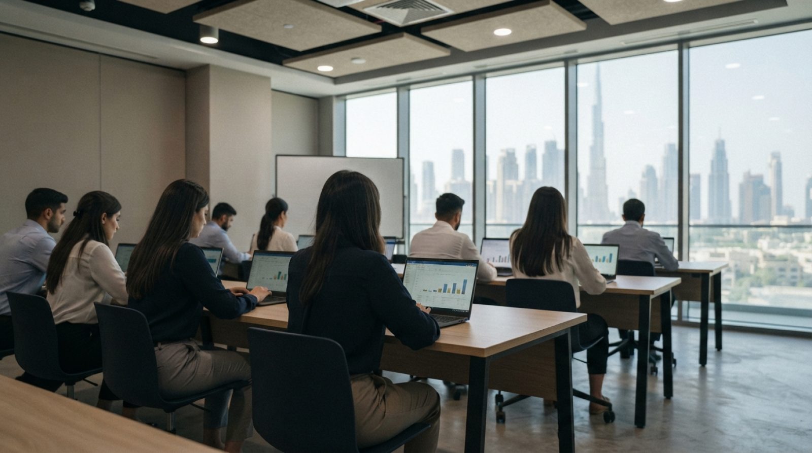 Illustration: A modern technological training classroom in Dubai with students working on laptop computers displaying data charts, large floor-to-ceil