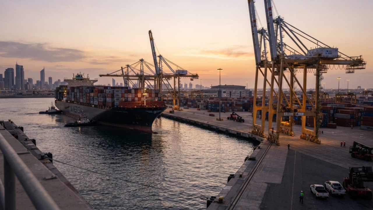 Illustration: Commercial cargo vessel laden with shipping containers docking at a modern container terminal in Jebel Ali Port at sunset, industrial ga