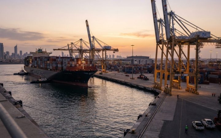 Illustration: Commercial cargo vessel laden with shipping containers docking at a modern container terminal in Jebel Ali Port at sunset, industrial ga
