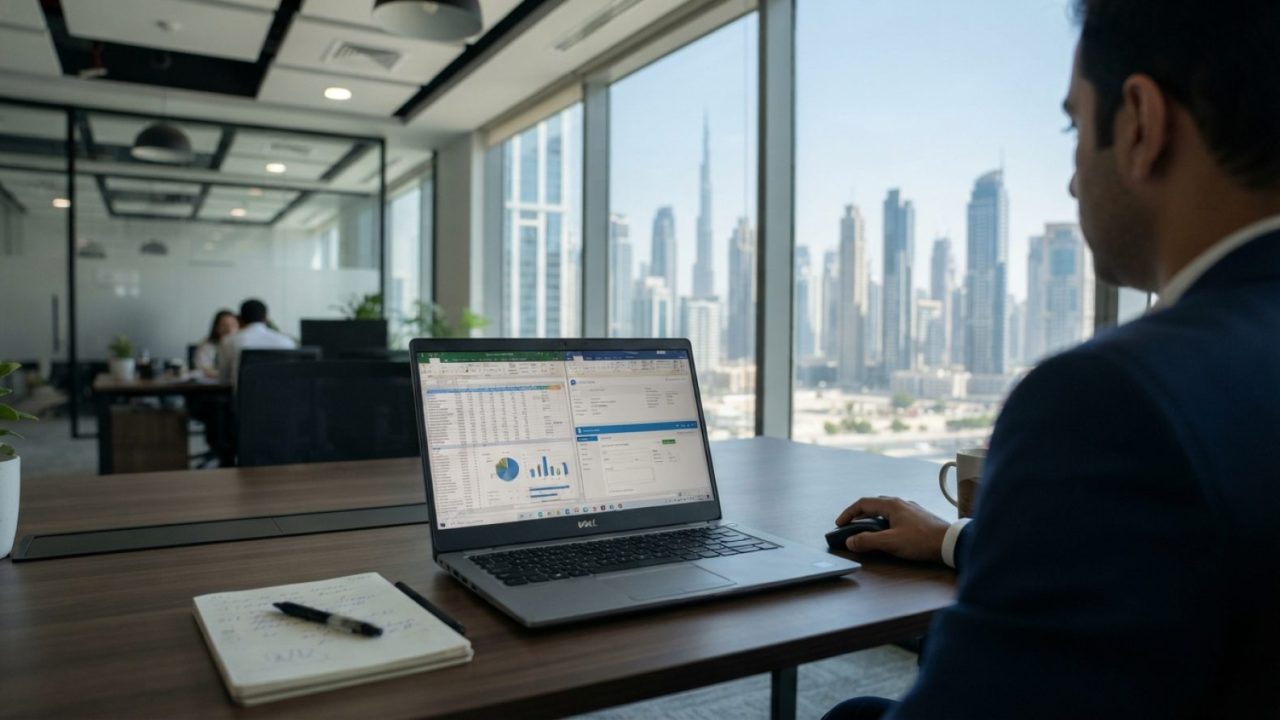 Illustration: A modern corporate office desk in Dubai with a laptop displaying financial data spreadsheets and digital invoicing software interfaces,