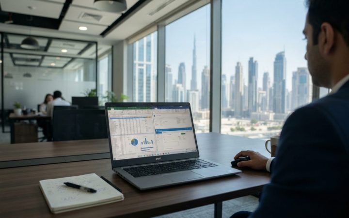 Illustration: A modern corporate office desk in Dubai with a laptop displaying financial data spreadsheets and digital invoicing software interfaces,