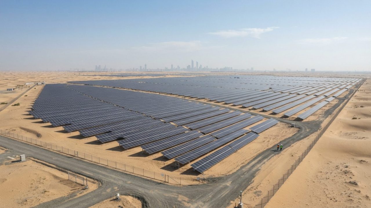 Illustration: A wide-angle landscape editorial news photograph of an expansive utility-scale solar photovoltaic power plant in the desert of the Unite