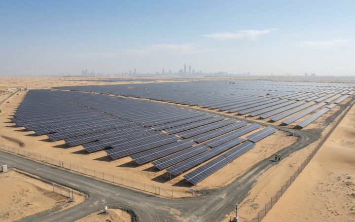 Illustration: A wide-angle landscape editorial news photograph of an expansive utility-scale solar photovoltaic power plant in the desert of the Unite