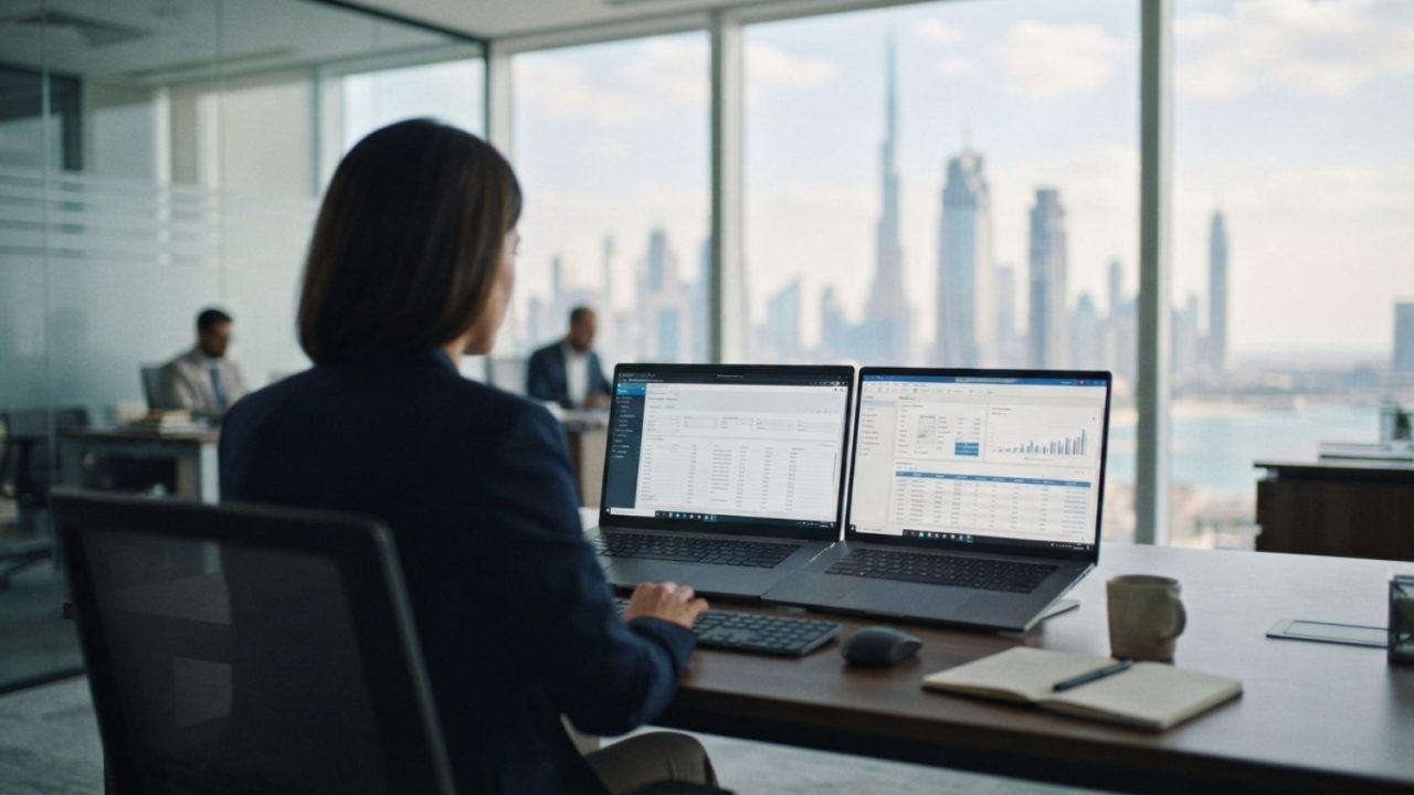 Illustration: A modern corporate office desk in Dubai with financial accounting software and digital invoice documents visible on laptop monitors, wit