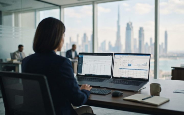 Illustration: A modern corporate office desk in Dubai with financial accounting software and digital invoice documents visible on laptop monitors, wit