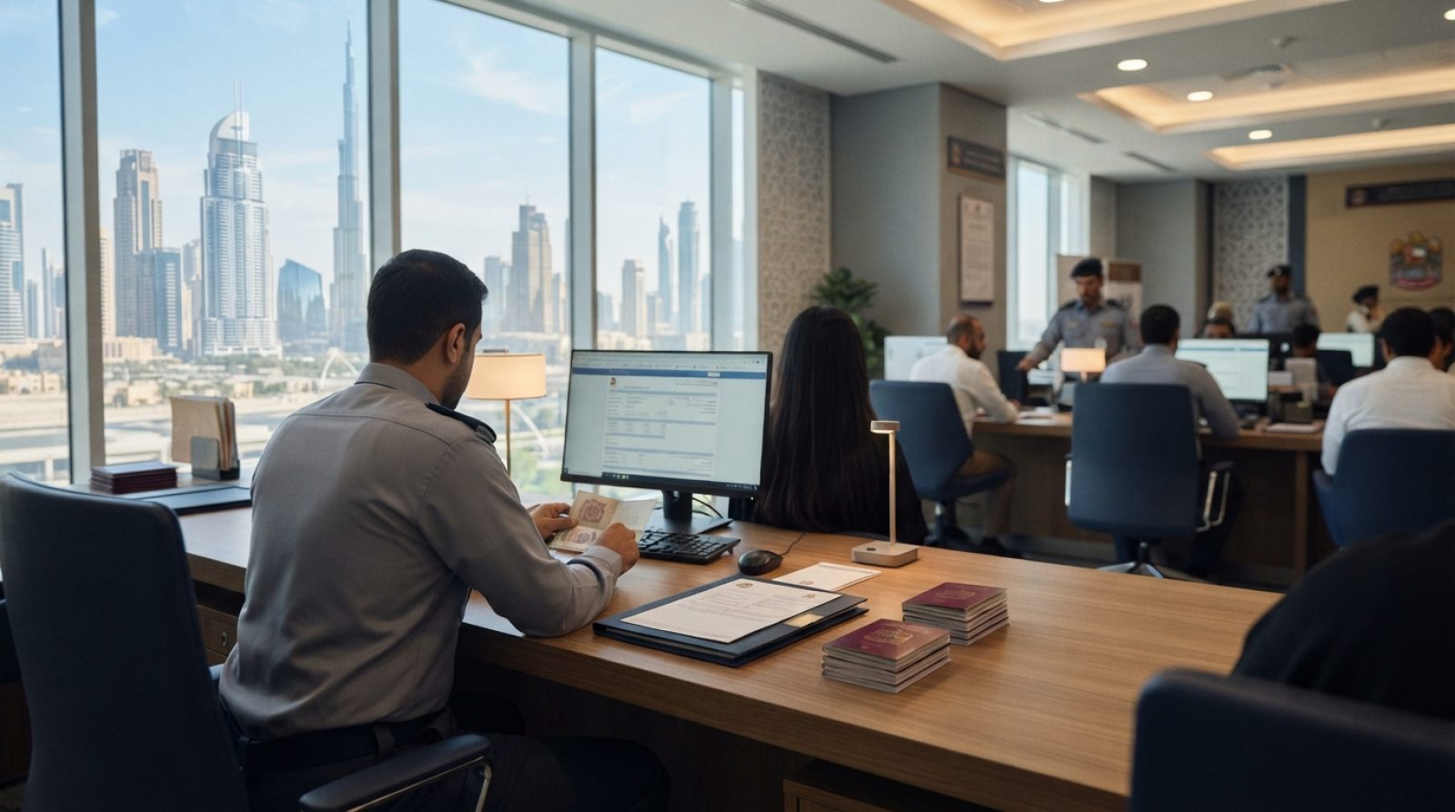 Illustration: A modern immigration service counter and office in the United Arab Emirates with official desks, document folders, and passports on a wo