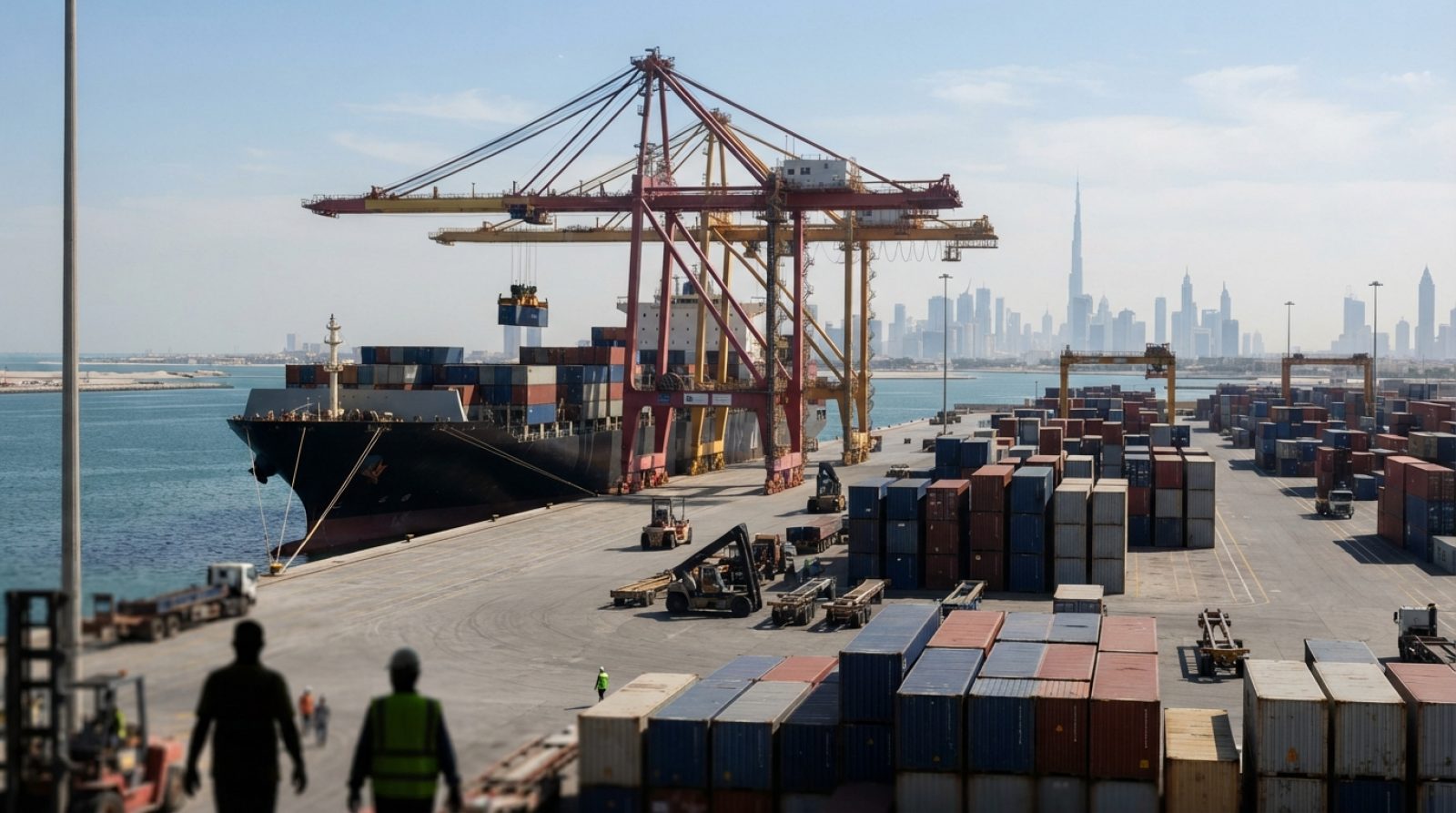 Illustration: A commercial cargo container vessel docked at an industrial port terminal, with rows of shipping containers and port cranes under daylig