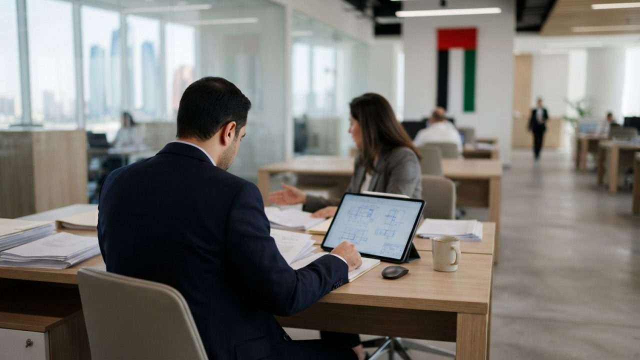 Illustration: A modern technological patent office setting in the UAE with official paperwork, digital tablets showing design blueprints, and minimali